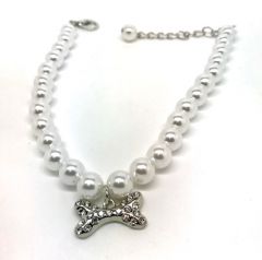 Dog and Cat Necklace | White Pearl With Diamond Bone | Sizes: M-L