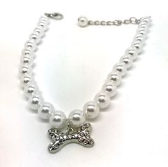 Dog Necklace | White Pearl With Diamond Bone | Sizes: M-L