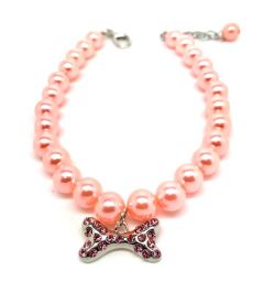 Dog Necklace | Pink Pearl With Diamond Bone | Sizes: M-L