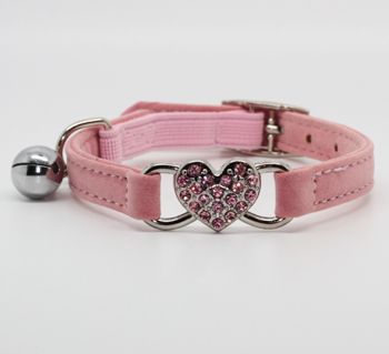 Cat Collar Diamond Heart Pink Soft Velvet Material Elastic
